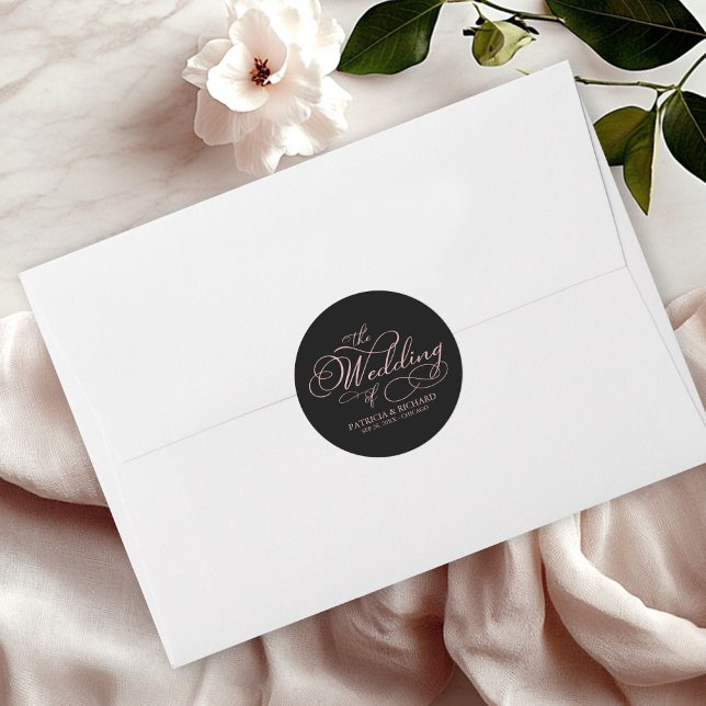 Elegante Calligrafy Rose Gold Black Wedding Runder Aufkleber (Von Creator hochgeladen)