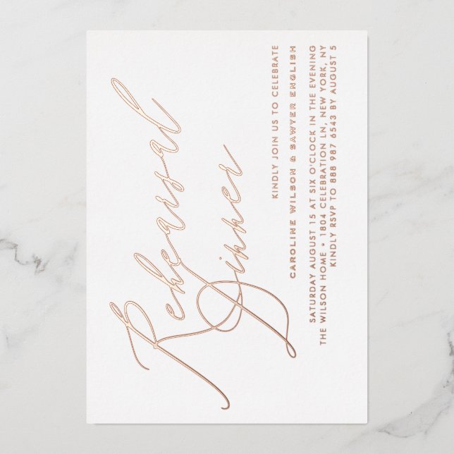Elegante Calligrafy Rose Gold Probe Abendessen Folieneinladung (Vorderseite)