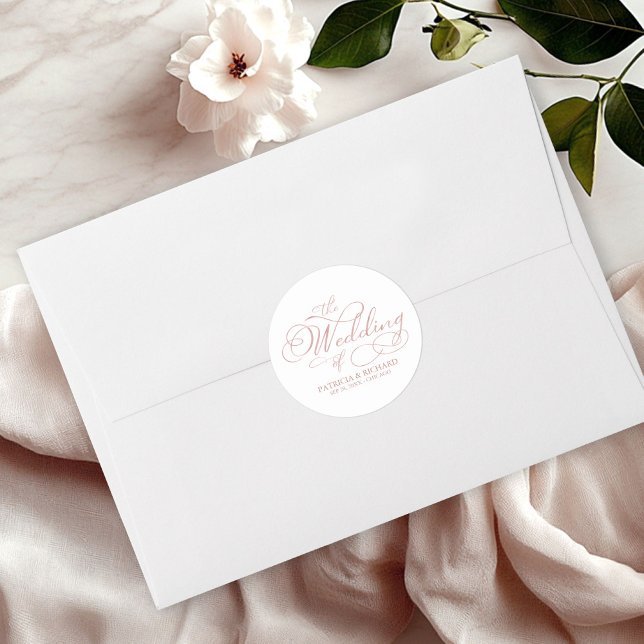 Elegante Calligrafy Rose Gold Wedding Runder Aufkleber (Von Creator hochgeladen)