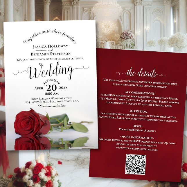 Elegante Calligrafy Rote Rose QR Code Wedding Einladung (Front/Back with Rectangle Cut)