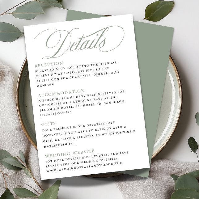 Elegante Calligrafy Sage Green Wedding Details Begleitkarte (Von Creator hochgeladen)