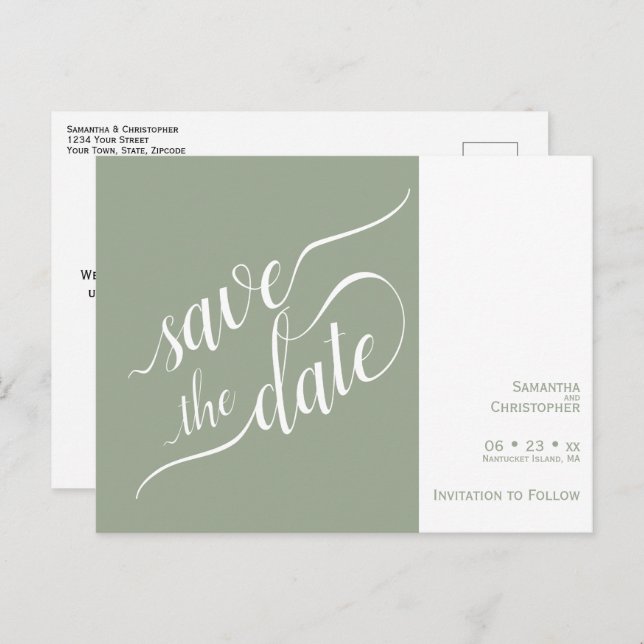 Elegante Calligrafy Sage Wedding Save the Date Ankündigungspostkarte (Vorne/Hinten)