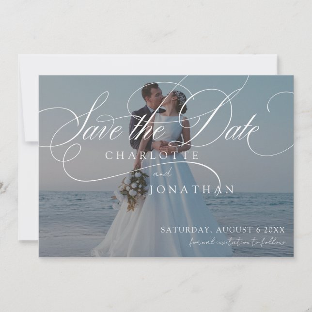 Elegante Calligraphie 2 Foto Hochzeit Save The Date (Vorderseite)