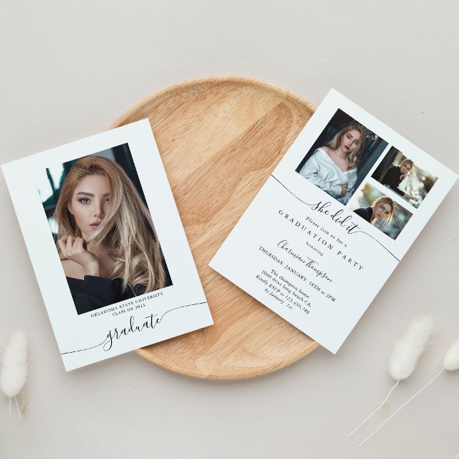 Elegante Calligraphie 4 Foto Sie tat es Abschluss Einladung (Von Creator hochgeladen)