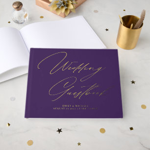 Elegante Calligraphie Dunkler Lila Goldfilm Hochze Gästebuch