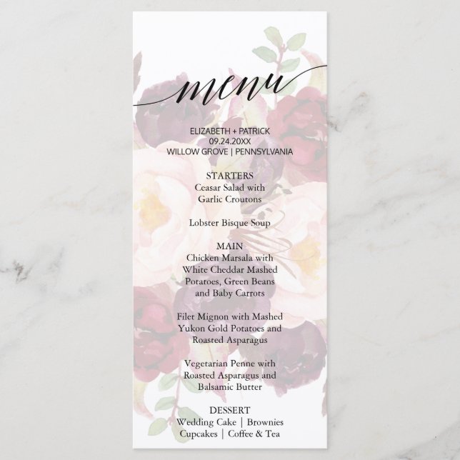 Elegante Calligraphie Faded Floral Dinner Menu Car Menükarte (Vorderseite)