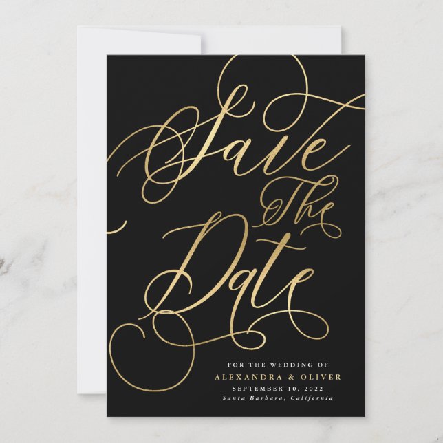 Elegante Calligraphie Gold & Black Wedding Save The Date (Vorderseite)