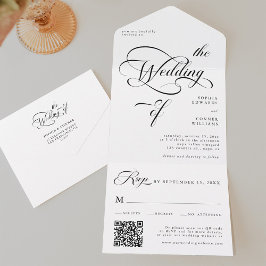Elegante Calligraphie Hochzeit Schwarz & Weiß All In One Einladung