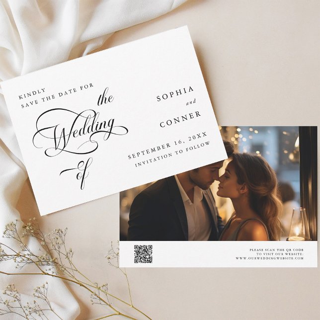 Elegante Calligraphie Hochzeit Schwarz & Weiß Save The Date (Front & Back)
