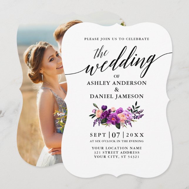 Elegante Calligraphie Lila Blumenhochzeit Foto Einladung (Vorne/Hinten)