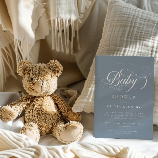 Elegante Calligraphie Modernes Script Blue Baby Du Einladung (Von Creator hochgeladen)