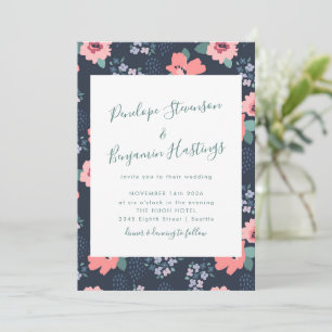 Elegante Calligraphie Navy Blue Floral Wedding Einladung