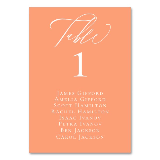 Elegante Calligraphie Peach-Sitztisch-Karte Tischnummer (Vorderseite)