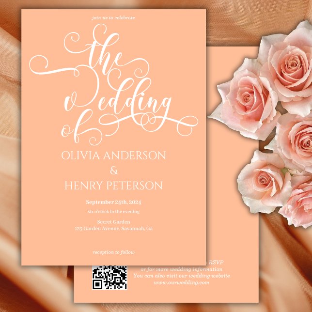 Elegante Calligraphie Peach White QR Code Hochzeit Einladung (Von Creator hochgeladen)
