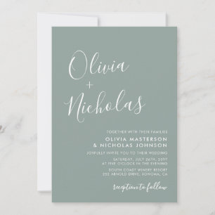 Elegante Calligraphie QR Code Sage Green Wedding Einladung