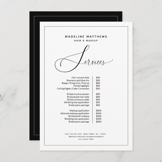 Elegante Calligraphie Schwarz-weiß Salon Preislist Menükarte (Vorne/Hinten)