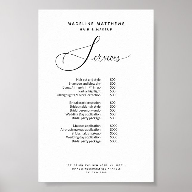Elegante Calligraphie Schwarz-weiß Salon Preislist Poster (Vorne)