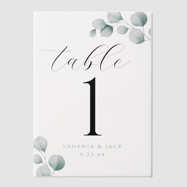 Elegante Calligraphie Script Eucalyptus-Tischnumme (Vorderseite)