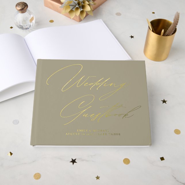Elegante Calligraphie Taupe Gästebuch (Vorderseite offen)