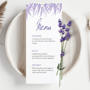 Elegante Calligraphie Watercolor Lavender Wedding Menükarte