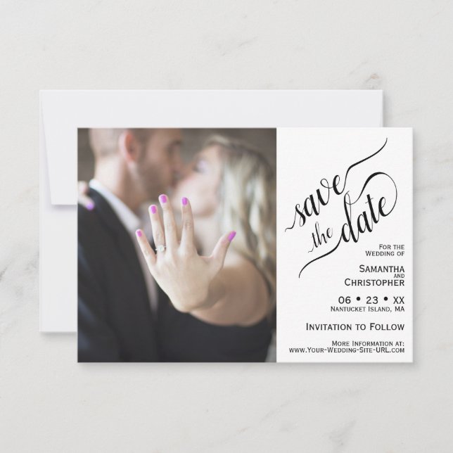 Elegante Calligraphie White 2 Pane Foto Hochzeit Save The Date (Vorderseite)