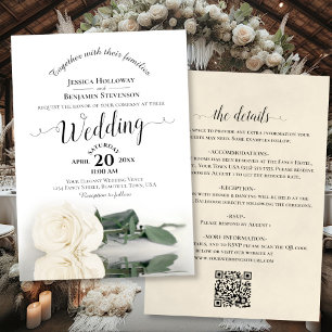 Elegante Calligraphie White Rose QR Code Hochzeit Einladung