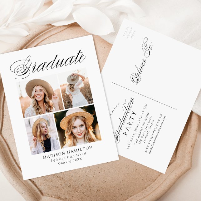 Elegante Calligraphy 4 Foto Graduation Party Einladungspostkarte (Von Creator hochgeladen)