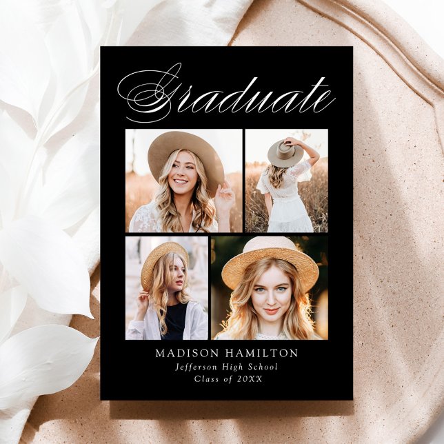 Elegante Calligraphy Black 4 Foto Abschluss Ankündigung (Von Creator hochgeladen)