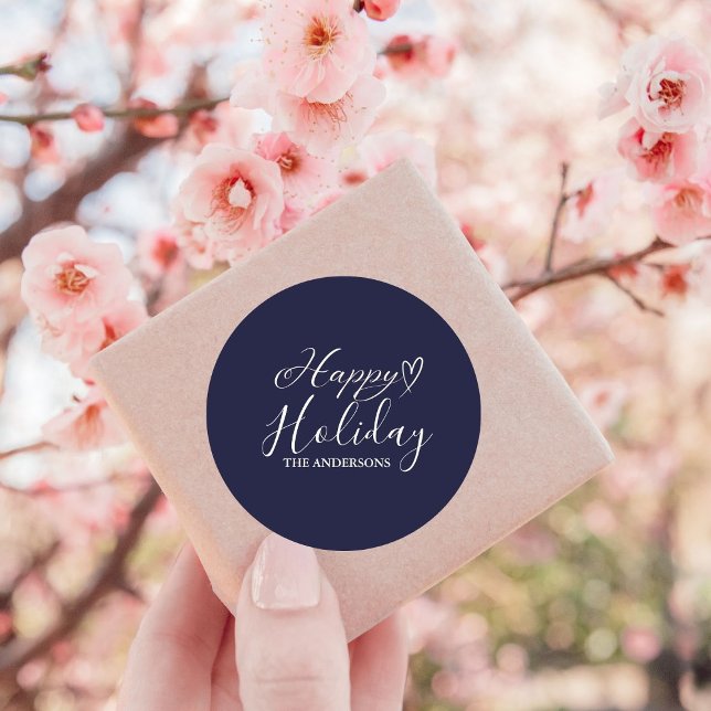 Elegante Calligraphy Blue Holiday Weihnachten Runder Aufkleber (Von Creator hochgeladen)