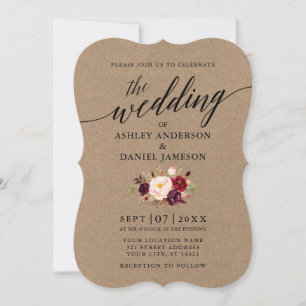 Elegante Calligraphy Burgundy Floral Kraft Wedding Einladung