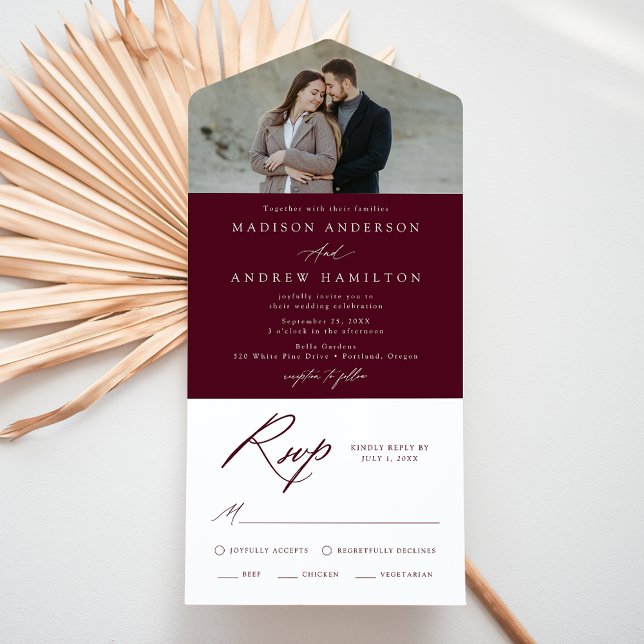 Elegante Calligraphy Burgundy Foto Wedding All In One Einladung (Von Creator hochgeladen)
