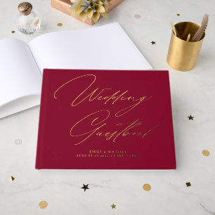 Elegante Calligraphy Burgundy Red Gold Wedding Gästebuch