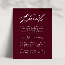Elegante Calligraphy Burgundy Wedding Details Begleitkarte