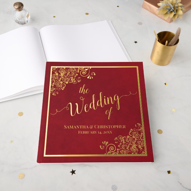 Elegante Calligraphy Crimson Red Gold Foil Wedding Gästebuch (Vorderseite Offen)
