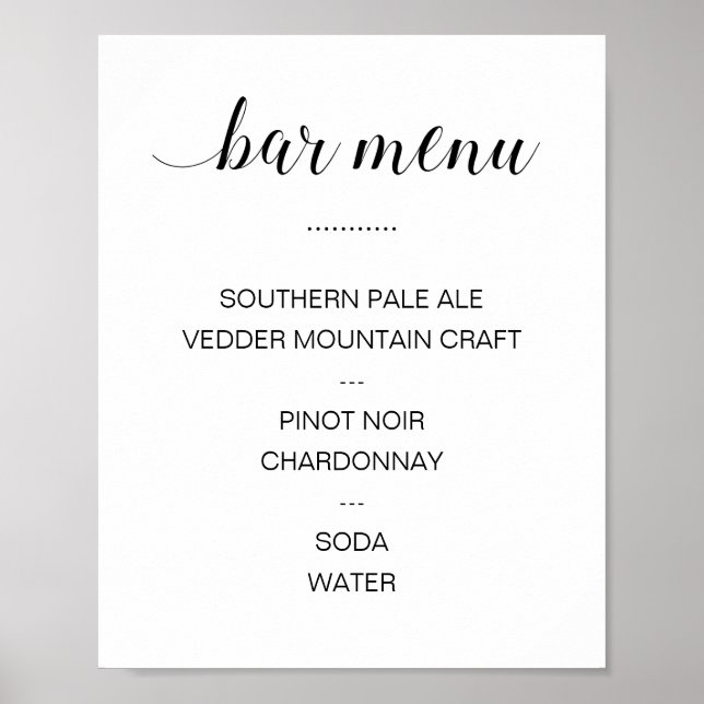 Elegante Calligraphy Drink Bar Menu Wedding Poster (Vorne)