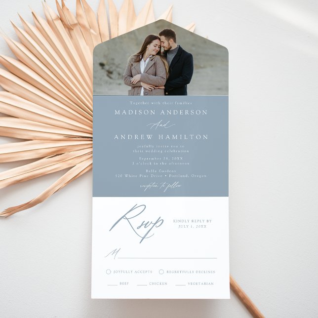 Elegante Calligraphy Dusty Blue Foto Wedding All In One Einladung (Von Creator hochgeladen)