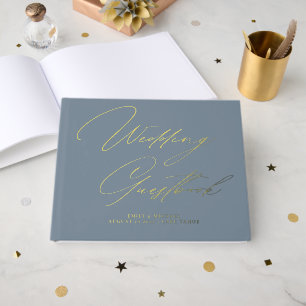 Elegante Calligraphy Dusty Blue Gold Foil Wedding Gästebuch