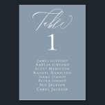 Elegante Calligraphy Dusty Blue Seating Table Card Tischnummer<br><div class="desc">Eleganter weißer Kalligraphie-"Tisch",  mit Gästennamen und Tischnummer,  Hochzeitskarte in trendigem staubblauen Blau.</div>