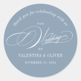 Elegante Calligraphy Dusty Blue Wedding Runder Aufkleber