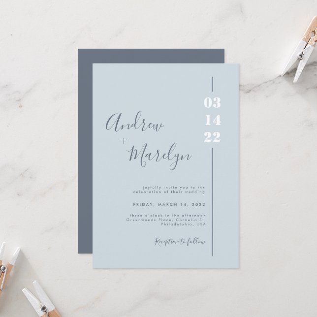 Elegante Calligraphy Dusty Blue White Gray Wedding Einladung (Vorderseite/Rückseite Beispiel)