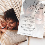 Elegante Calligraphy Foto Wedding Menu Card Einladung<br><div class="desc">Diese exquisite Hochzeitskarte verfügt über ein elegantes Kalligraphie-Skript-Overlay auf einem sanft verschwommenen romantischen Pärchen-Foto und schafft so eine zeitlose und raffinierte Ästhetik. Die luxuriöse Typografie in Verbindung mit einem minimalistischen Layout sorgt für eine raffinierte Präsentation, die jedes formale, klassische oder moderne Hochzeitsthema ergänzt. Diese Karte wurde entworfen, um Ihr sorgfältig...</div>