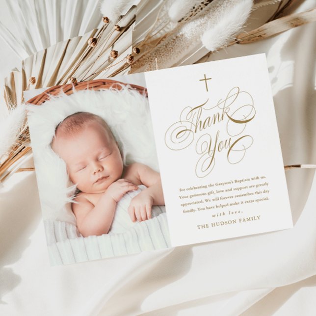 Elegante Calligraphy Gold Baby Foto Taufe Dankeskarte (Elegant calligraphy baby photo baptism thank you card.)