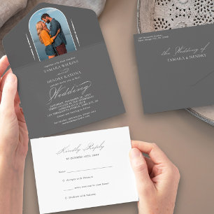 Elegante Calligraphy Gray Foto UAWG Wedding All In One Einladung