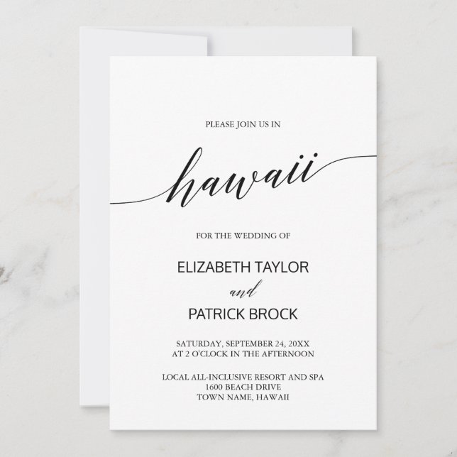Elegante Calligraphy Hawaii-Hochzeit in Urlaubsort Einladung (Vorderseite)