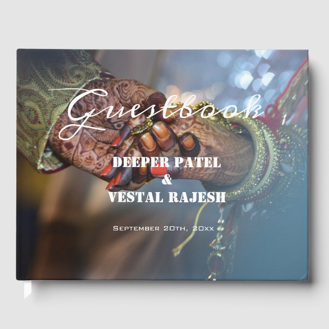 Elegante Calligraphy Henna Foto Indian Wedding Gästebuch (Vorderseite)