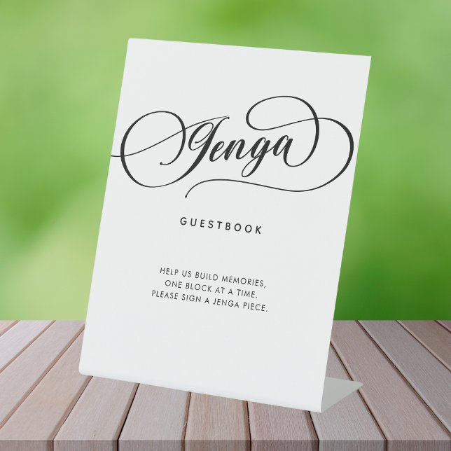 Elegante Calligraphy Jenga Gästebuch Wedding Sign Sockelschild (Von Creator hochgeladen)