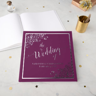 Elegante Calligraphy Magenta & Silver Foil Wedding Gästebuch