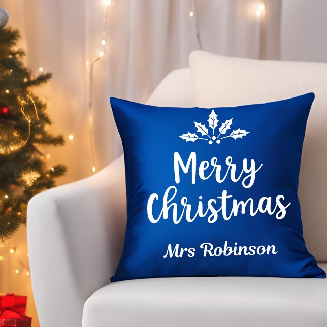 Elegante Calligraphy Merry Christmas Blue Custom Kissen (Von Creator hochgeladen)