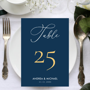 Elegante Calligraphy Minimal Navy Gold Blue Weddin Tischnummer