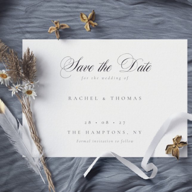 Elegante Calligraphy Monogram Schwarz-weiß Wedding Save The Date (Elegant Calligraphy Monogram Black White Wedding Save The Date- horizontal card)
